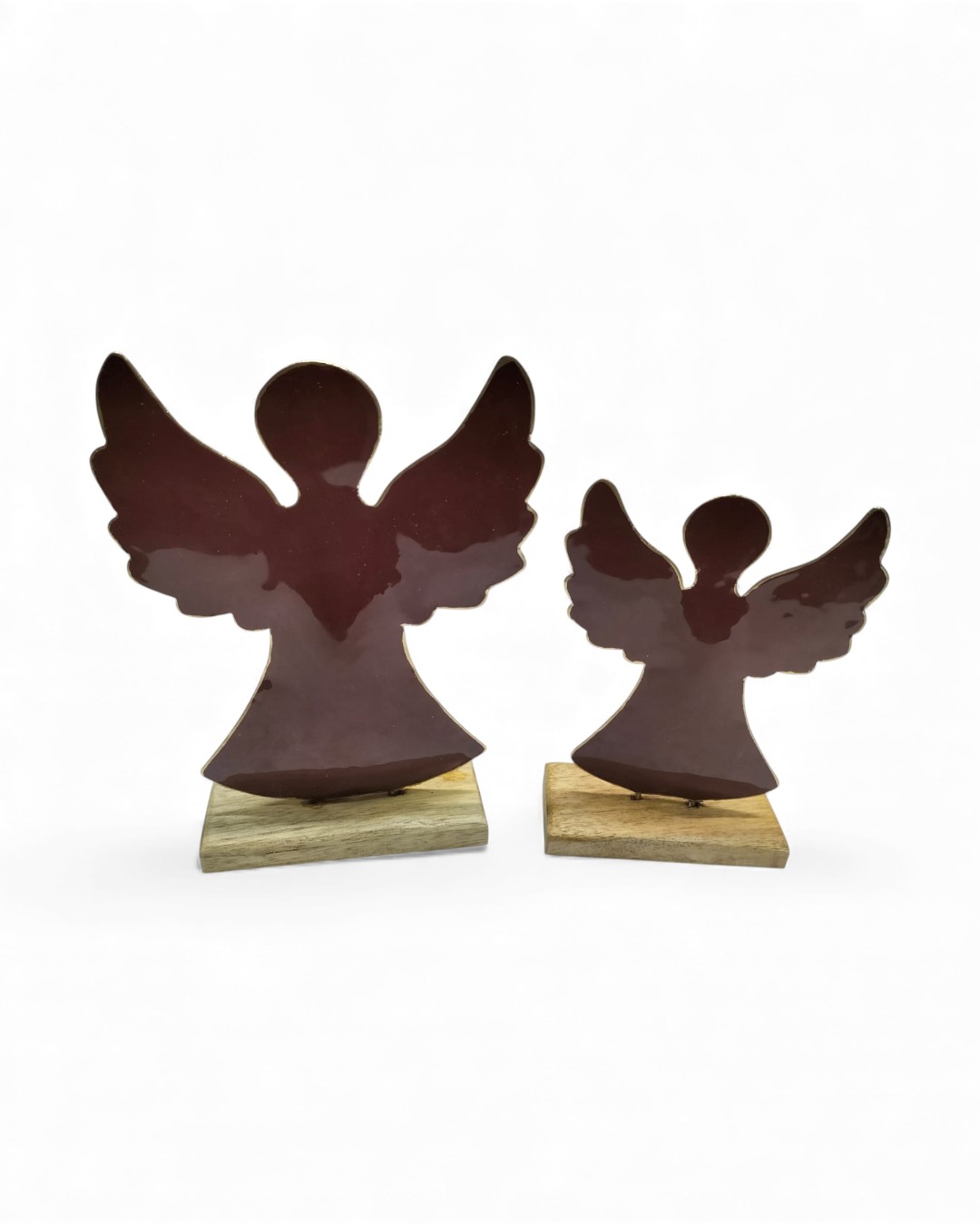 Glossy Mahogany Angel Figures on Rustic Wood Stand
