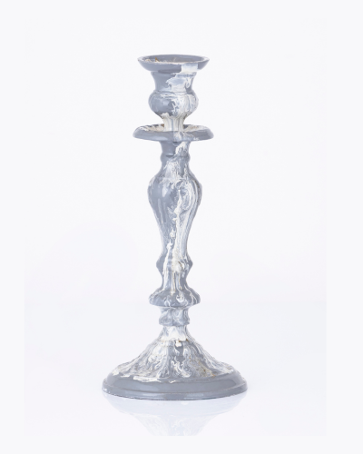 Classic Marbled Ceramic Candlestick - White and Grey Swirl