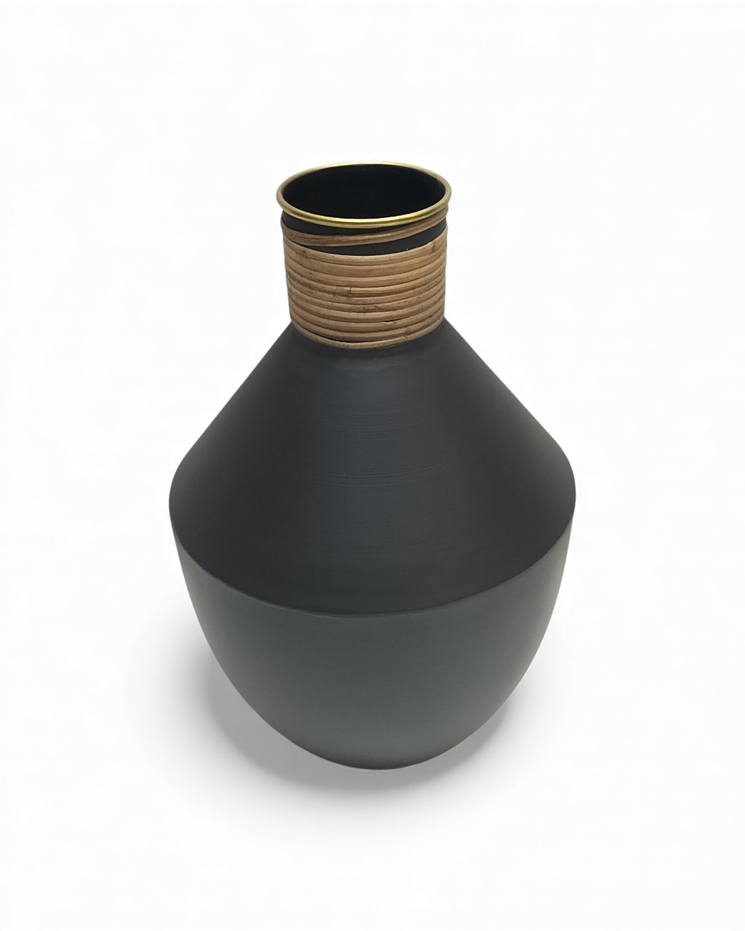 Matte Black Bulb Vase with Rattan & Brass Neck
