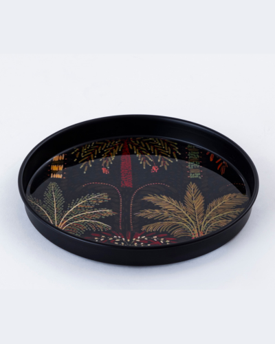 Black Round Tray with Palm Motif
