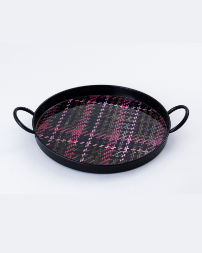 Round Tray with Handles Black Base, Pink Plaid Design