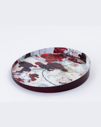 Round Maroon Tray with Floral Vine Design