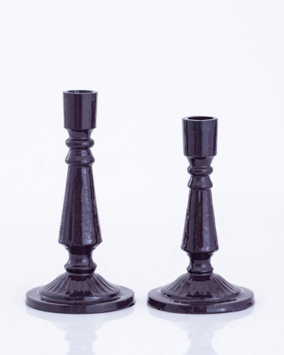 Glossy Plum Fluted Candlestick Pair