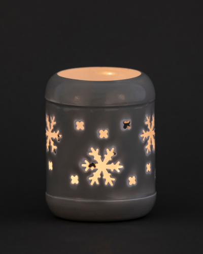Festive Snowflake Ceramic Votive – Glossy Silver Grey
