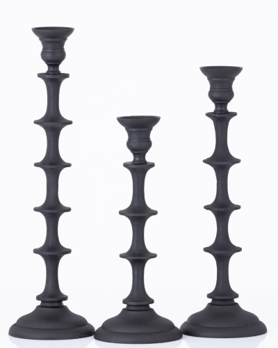 Set of Three Textured Black Iron Candlesticks