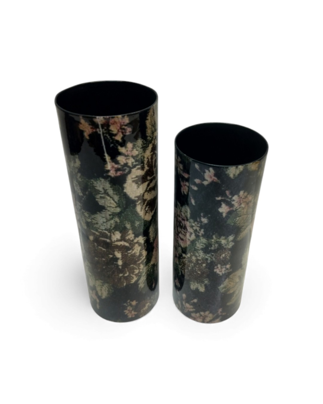 Set of 2 High-Gloss Floral Print Cylinder Vases