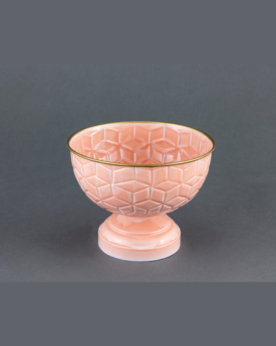 Peach Pedestal Bowl with Geometric Embossed Design & Golden Rim