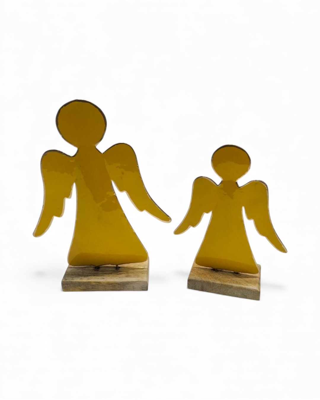 Set of 2 Yellow Glossy Angels on Wood Bases