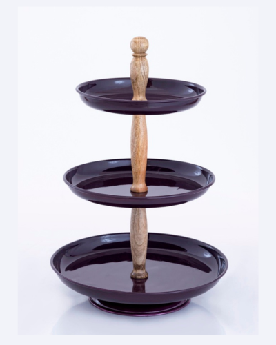 Deep Purple Three-Tier Cake Stand with Wooden Handle