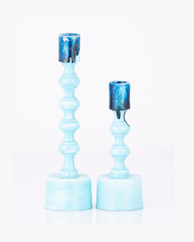Aqua Blue Candlestick Pair with Dripping Indigo Glaze