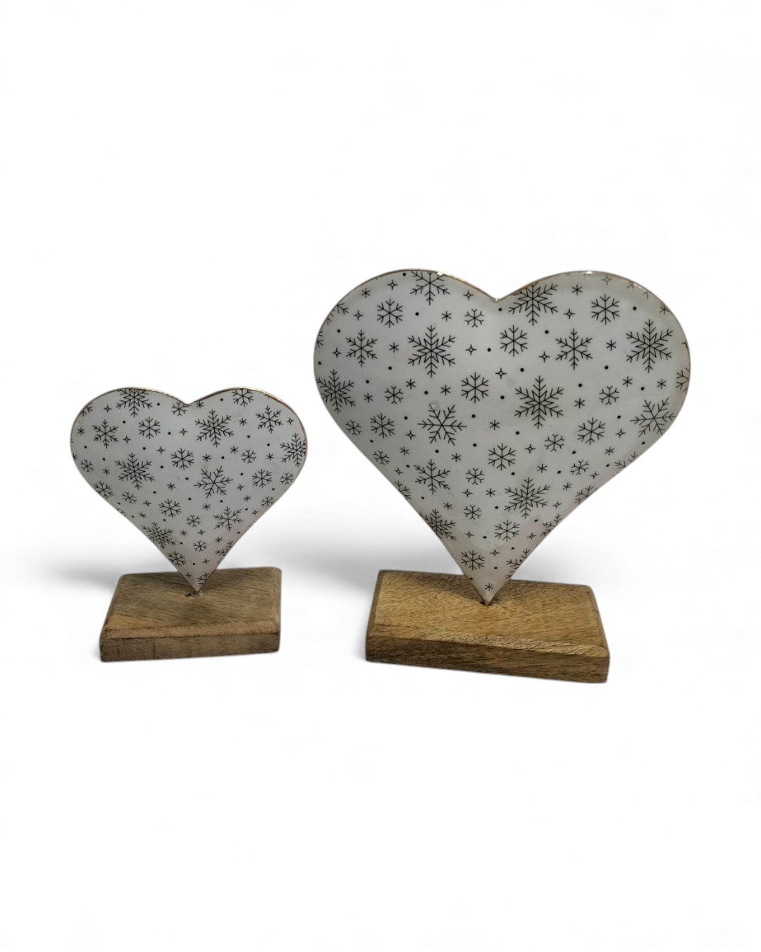 Winter Snowflake Heart Figurines on Wood Stands