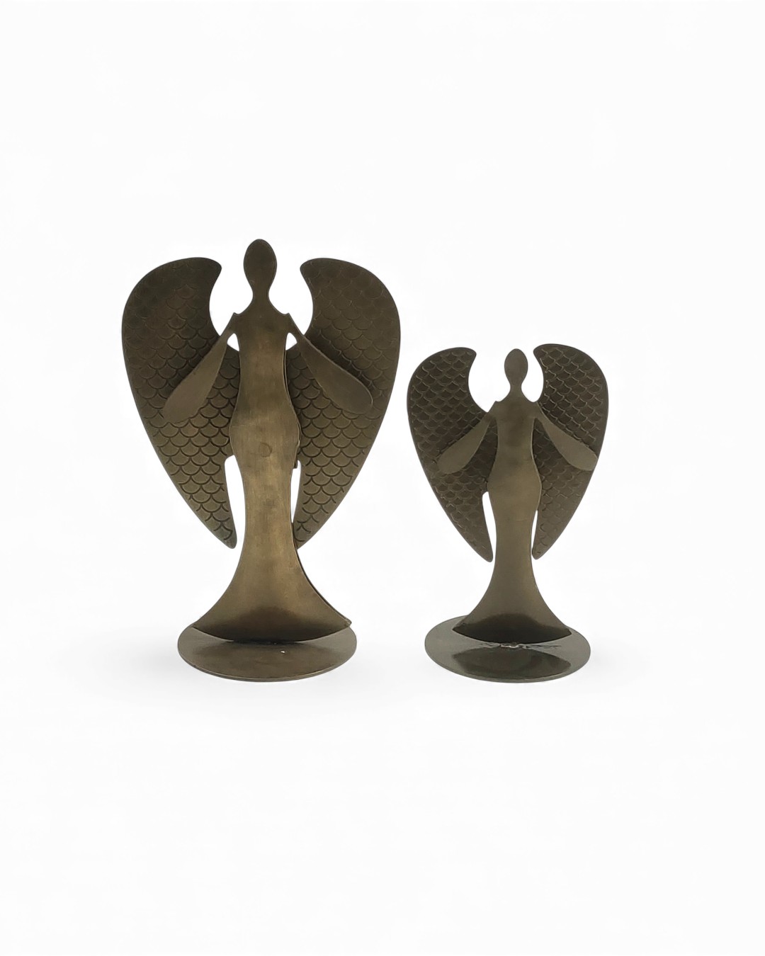 Aged Bronze Angel Figurines with Scalloped Wings