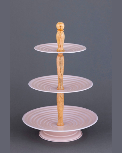 Pink Three-Tier Ribbed Cake Stand with Wooden Handle