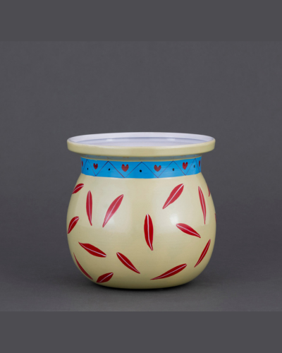 Folk Art Cream Planter with Feathers and Hearts Motif