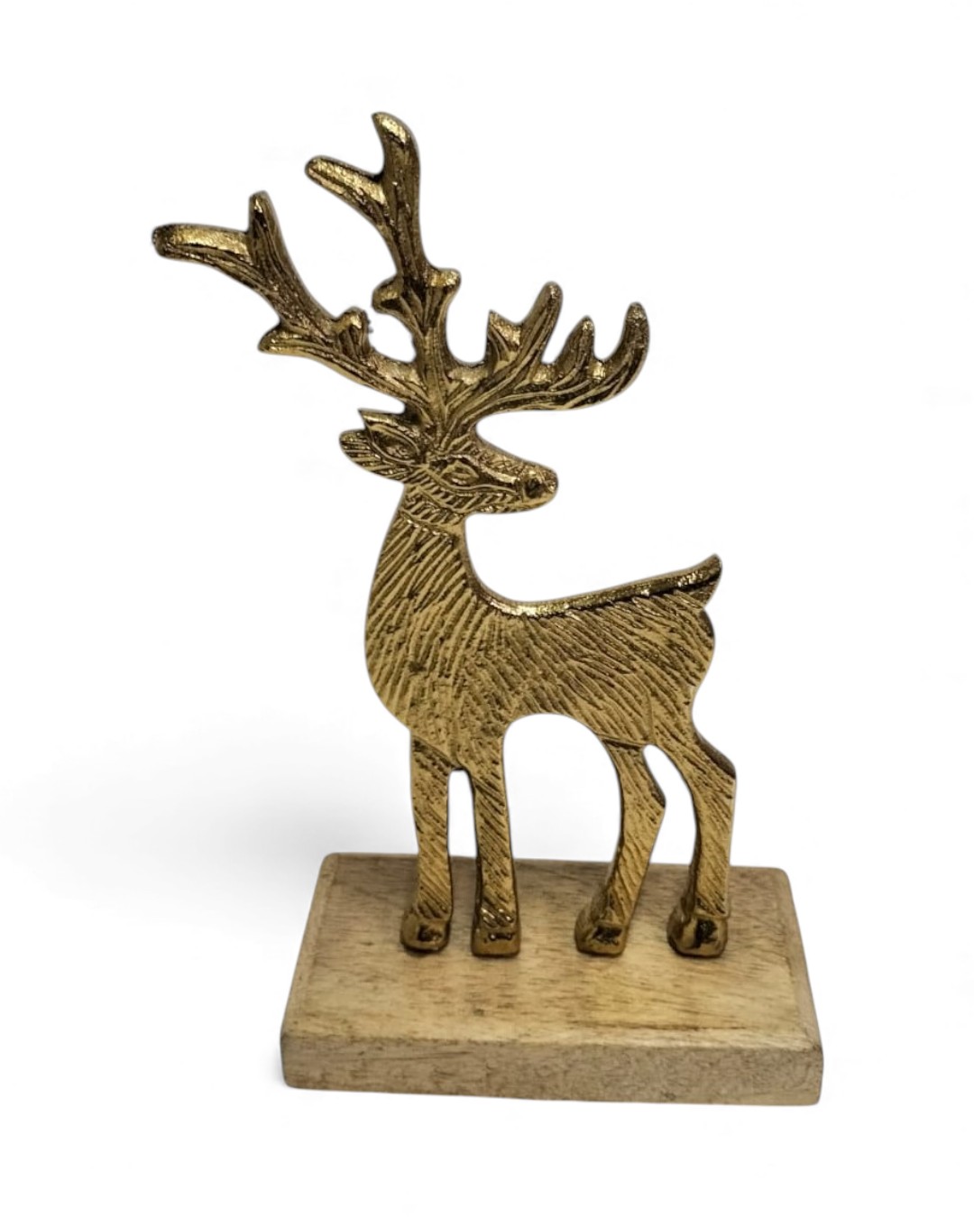 Textured Brass Reindeer Figurine With Square Wood
