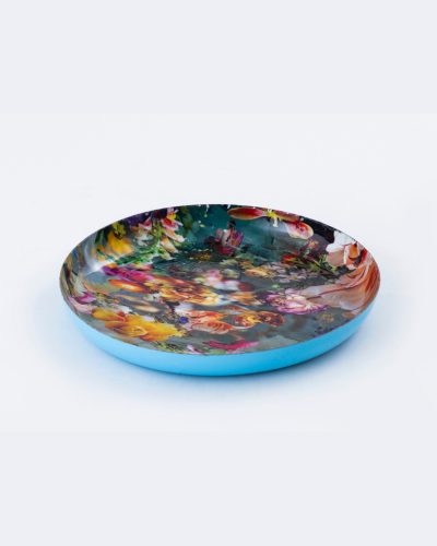 Round Aqua Blue Tray with Multi-Coloured Floral Print